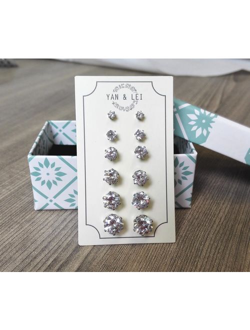YAN & LEI Hypoallergenic Surgical Stainless Steel Round Clear Cubic Zirconia Ear Stud Earrings for Women 6 Pairs Set in 3,4,5,6,7,8 mm
