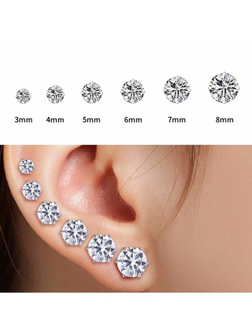 YAN & LEI Hypoallergenic Surgical Stainless Steel Round Clear Cubic Zirconia Ear Stud Earrings for Women 6 Pairs Set in 3,4,5,6,7,8 mm