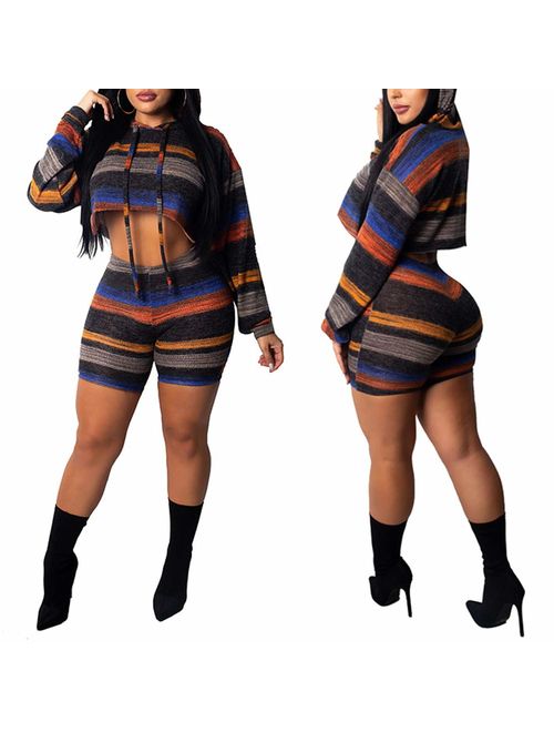 IyMoo Two Piece Outfits for Women - Sexy Club Outfits Long Sleeve Crop Tops Bodycon Short Pants Set Party Clubwear