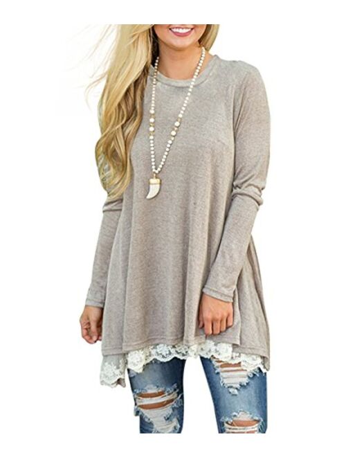 WEKILI Women's Tops Long Sleeve Lace Scoop Neck A-line Tunic Blouse