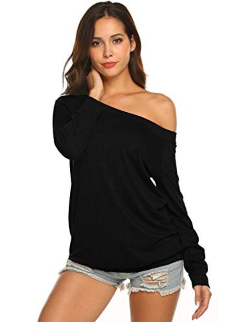 Newchoice Women's Off The Shoulder T-Shirt Casual Long Sleeve Boat Neck Blouse Tops