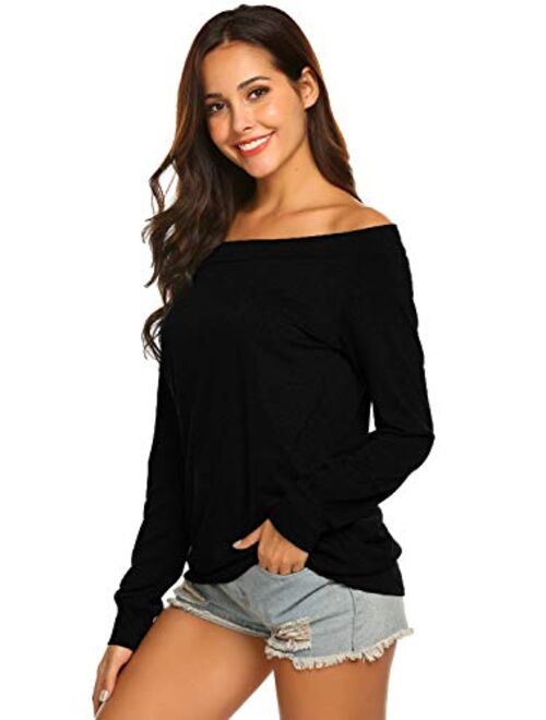 Newchoice Women's Off The Shoulder T-Shirt Casual Long Sleeve Boat Neck Blouse Tops