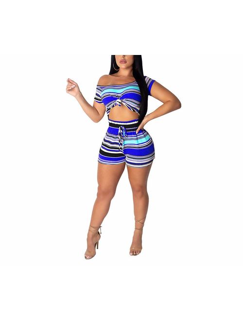 Acelitly Womens 2 Piece Outfits Off Shoulder Boho Striped Print Crop Top+Skinny Shorts Set Romper Jumpsuit