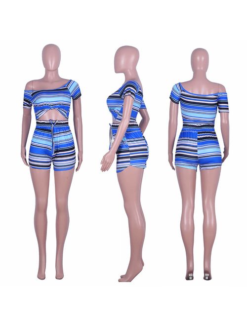 Acelitly Womens 2 Piece Outfits Off Shoulder Boho Striped Print Crop Top+Skinny Shorts Set Romper Jumpsuit