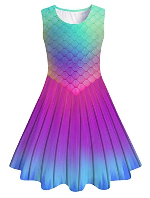 Funnycokid Girls Sleeveless Dress Kids Printed Twirl Party Casual Dresses 4-13 Years
