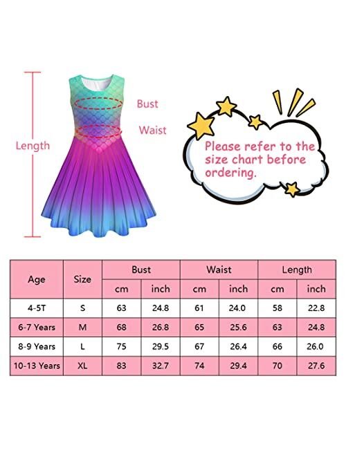 Funnycokid Girls Sleeveless Dress Kids Printed Twirl Party Casual Dresses 4-13 Years