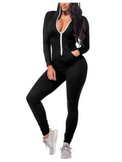 CoolooC Jumpsuits for Women Hoodie Long Sleeve Bodycon Black Jumpsuits Sexy Onesies Romper Bodysuits Outfits Red