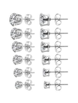 HOVEOX 6 Pairs Alloy Womens Stud Earrings Round Clear Cubic Zirconia Inlaid Simulated Diamond Rhinestone Hypoallergenic Pierced Jewelry CZ Studs 0.1 inch-0.3 inch for Uni