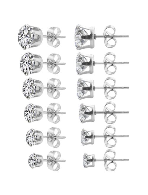 HOVEOX 6 Pairs Alloy Womens Stud Earrings Round Clear Cubic Zirconia Inlaid Simulated Diamond Rhinestone Hypoallergenic Pierced Jewelry CZ Studs 0.1 inch-0.3 inch for Uni