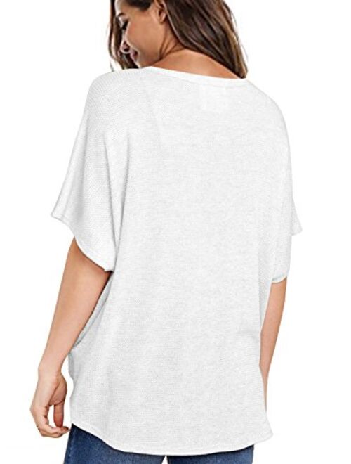 MIHOLL Womens Loose Blouse Short Sleeve V Neck Button Down T Shirts Tie Front Knot