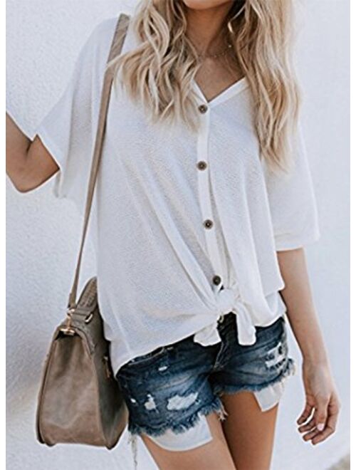 MIHOLL Womens Loose Blouse Short Sleeve V Neck Button Down T Shirts Tie Front Knot