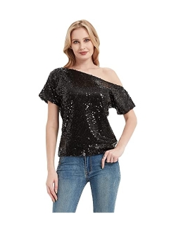 ANNA-KACI Womens Short Sleeve One Shoulder Sexy Sequin Top Blouse