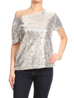 ANNA-KACI Womens Short Sleeve One Shoulder Sexy Sequin Top Blouse