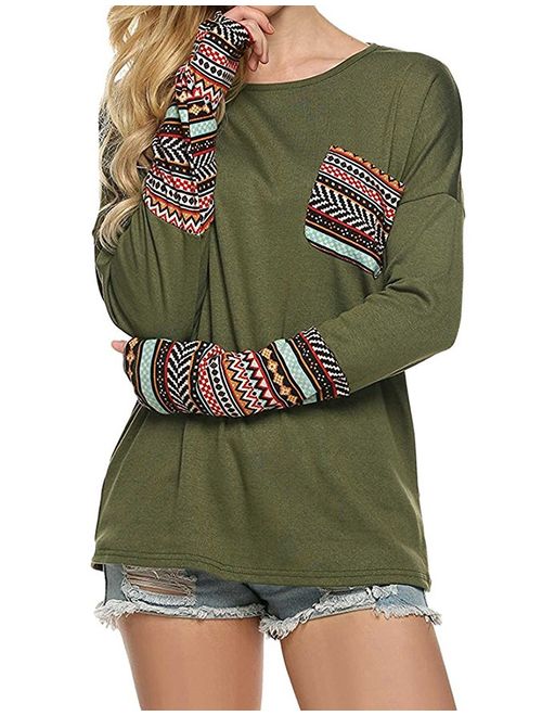 POGTMM Women's Long Sleeve Tops O-Neck Patchwork Casual Loose T-Shirts Blouse Tunic Tops with Thumb Holes