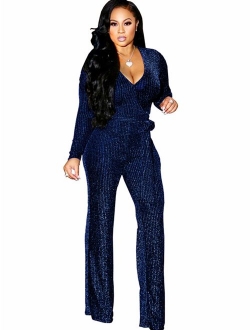 Sparkly Sexy Jumpsuits for Women Elegant Plus Size Clubwear Casual Womens Rompers Wide Leg Pants Long Sleeve