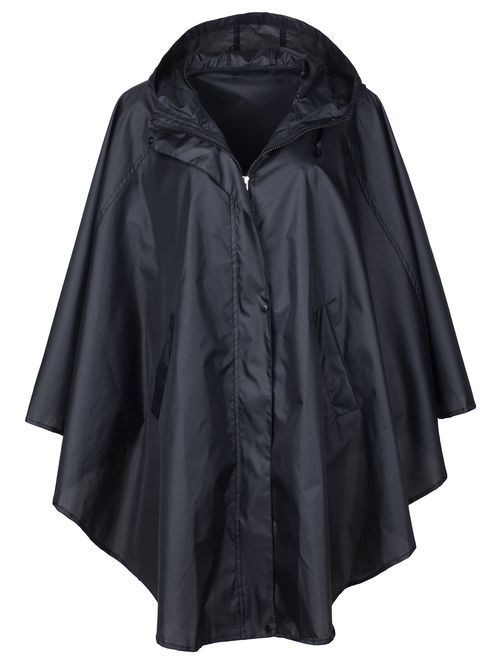 QZUnique Women's Waterproof Packable Batwing-Sleeved Raincoat Rain Poncho Jacket Coat Hooded for Adults with Pockets