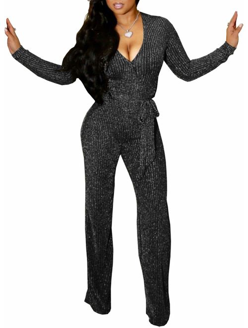 FairBeauty Women's Sexy Sparkly Jumpsuits Clubwear One Piece Deep V Neck Long Sleeve Pants with Belt