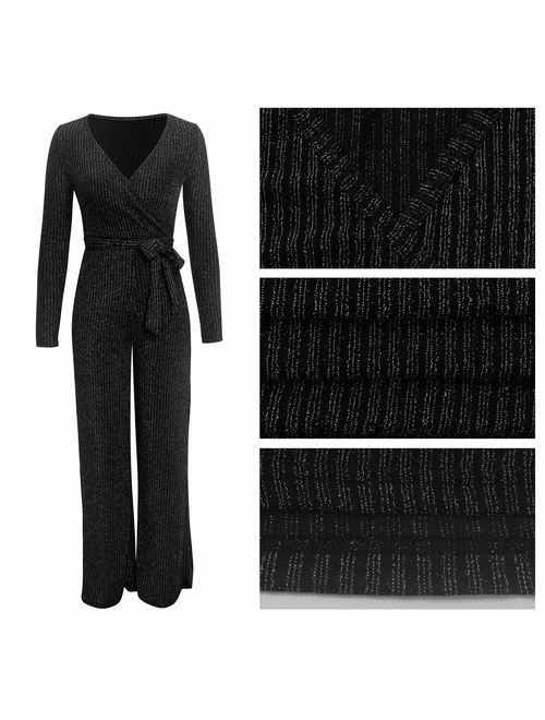 FairBeauty Women's Sexy Sparkly Jumpsuits Clubwear One Piece Deep V Neck Long Sleeve Pants with Belt