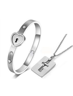 Romance Silver Stainless Steel Bracelet Love Heart Lock Bangle Key Pendants Necklace