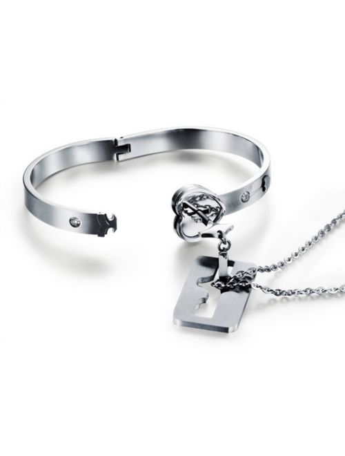 Romance Silver Stainless Steel Bracelet Love Heart Lock Bangle Key Pendants Necklace