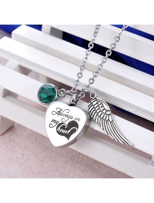 HooAMI Cremation Jewelry for Ashes Birthstone Heart Urn Necklace - Engraved Alway in My Heart