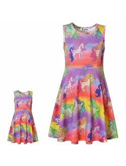 Girls&Doll Matching Dresses Sleeveless Unicorn Clothes Outfits Fits 18" Dolls
