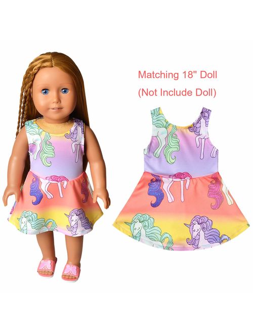 Girls&Doll Matching Dresses Sleeveless Unicorn Clothes Outfits Fits 18" Dolls