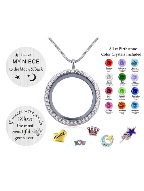 beffy Best Gifts for Niece Aunt, Floating Living Memory Locket Necklace Pendant with Charm & Birthstone for Women, Girls & Teen Girl