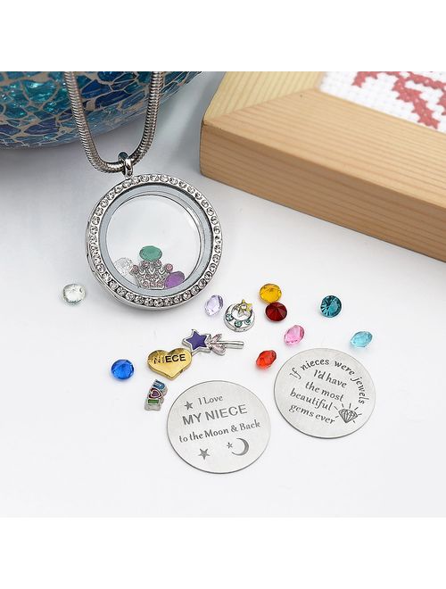 beffy Best Gifts for Niece Aunt, Floating Living Memory Locket Necklace Pendant with Charm & Birthstone for Women, Girls & Teen Girl