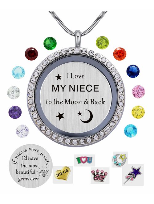 I Love You to The Moon and Back Necklace Pendant Floating Locket with Charms /& Birthstones for Women Girl