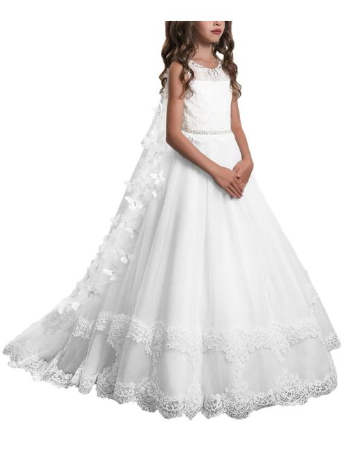 PLwedding Lace Flower Girls Dresses Kids First Communion Dress Princess Wedding Pageant Ball Gown