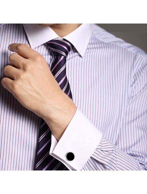 MERIT OCEAN Mens Onyx Cufflinks and Studs Set Silver Black Cufflinks for Men Tuxedo Shirts Business Wedding Gift