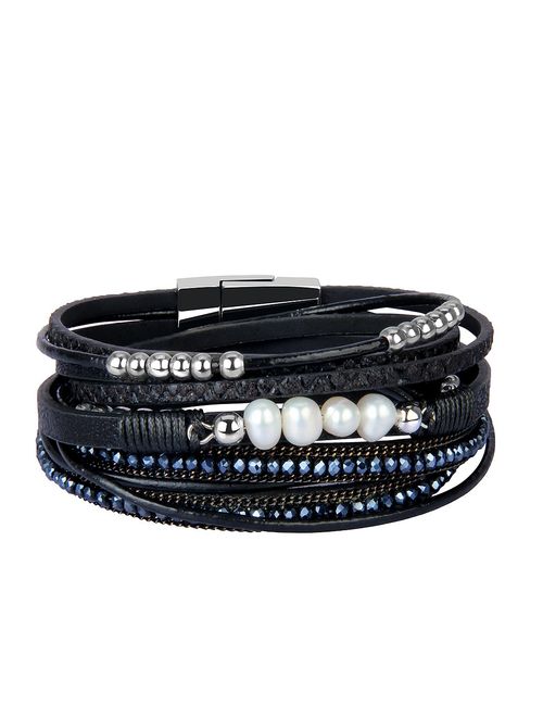 AZORA Womens Leather Wrap Bracelet Handmade Stacking Cuff Bracelets for Women Girls Gift