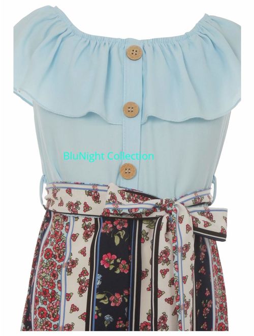 BluNight Collection Little Girls Sleeveless Relax Fit Jumpsuit Chiffon Belt Floral Romper Jumpsuit