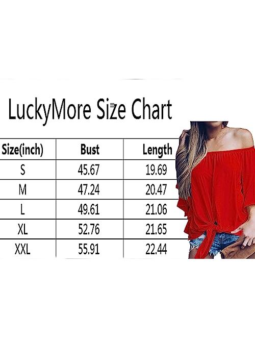 LuckyMore Womens Striped Off Shoulder Bell Sleeve Shirt Tie Knot Summer Blouses Tops