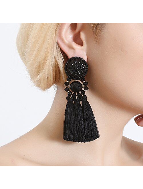 boderier Bohemian Statement Thread Tassel Chandelier Drop Dangle Earrings with Cassandra Button Stud