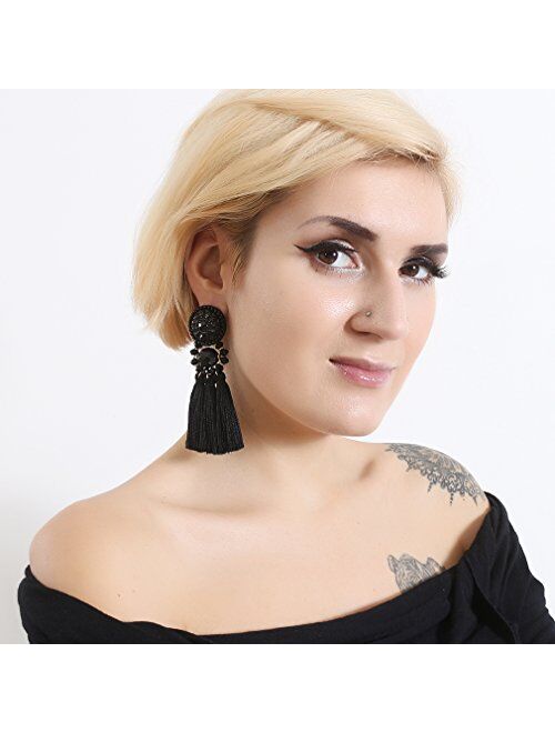 boderier Bohemian Statement Thread Tassel Chandelier Drop Dangle Earrings with Cassandra Button Stud
