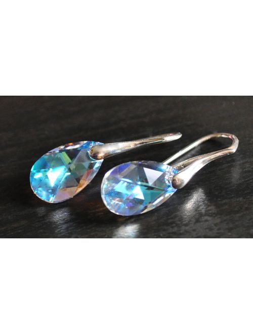 Royal Crystals 925 Sterling Silver Earrings Made with Swarovski Crystals Blue Aurora Borealis Drop Dangle Hook