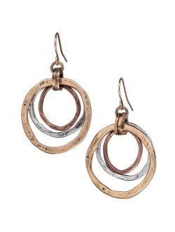 Handmade Sunrise Tricolor Dangle Earrings - Burnished Circles, Copper, Brass and Silverplated