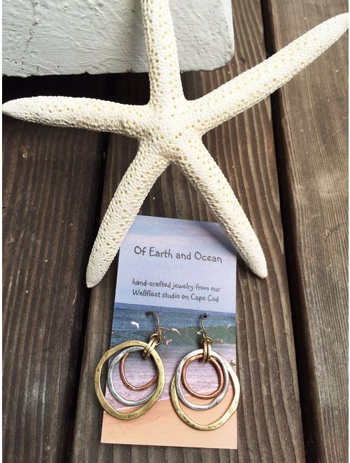 Handmade Sunrise Tricolor Dangle Earrings - Burnished Circles, Copper, Brass and Silverplated