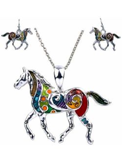 DianaL Boutique Colorful Enameled Horse Pendant Necklace and Earrings Set, 24" Chain