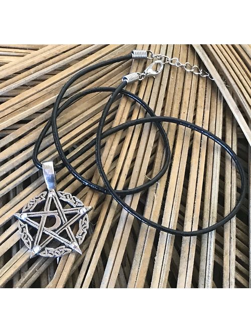 Trilogy Jewelry Pewter Pentagram Crescent Moon Pendant w/ 5 Swarovski Crystals for Birthday, Black Necklace Cord with Clasp