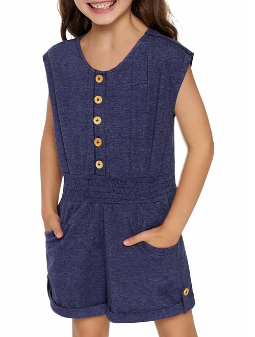 GOSOPIN Girls Sleeveless Floral Straps Romper Shorts Jumpsuits with Pockets 
