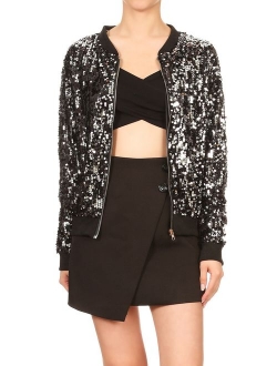 ANNA-KACI Womens Sequin Long Sleeve Front Zip Jacket with Ribbed Cuffs