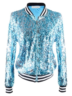 ANNA-KACI Womens Sequin Long Sleeve Front Zip Jacket with Ribbed Cuffs