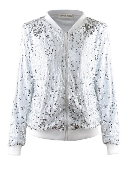 ANNA-KACI Womens Sequin Long Sleeve Front Zip Jacket with Ribbed Cuffs