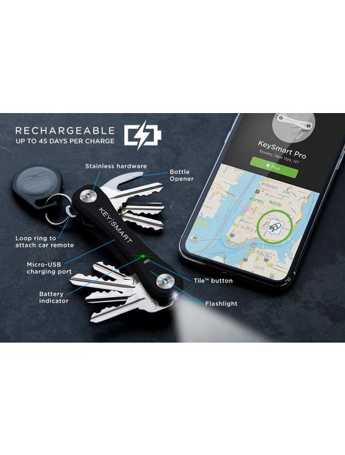 KeySmart Pro - Compact Key Holder w LED Light & Tile Smart Technology, Track your Lost Keys & Phone w Bluetooth Keychain with LED Light