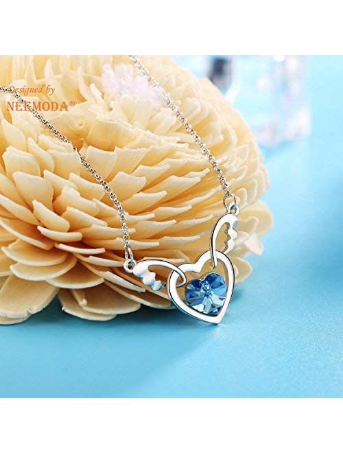 NEEMODA Angel Wings Heart Necklace with Austrian Crystal 18 inches + 2 inches Chain Jewelry Gift Box