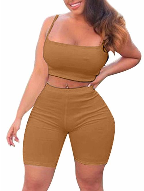 TOB Women's Bodycon 2 Pieces Outfit Spaghetti Strap Crop Tank Top Shorts Pants