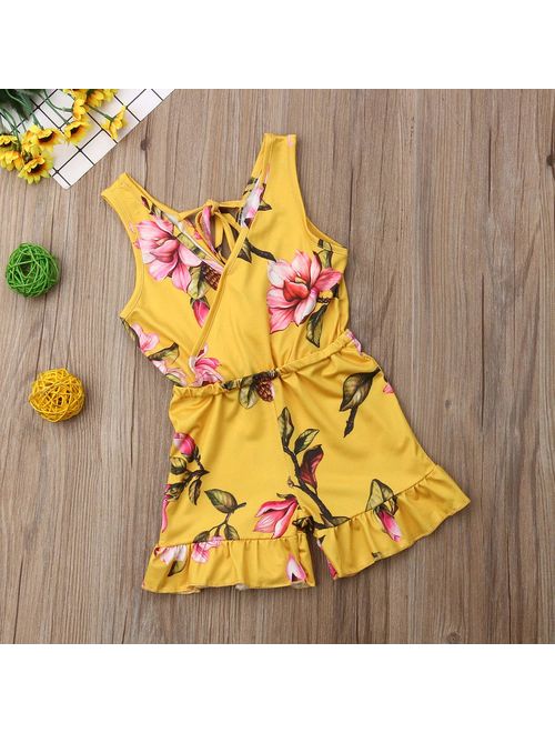 Fashion Summer Toddler Kids Twins Baby Girl Floral Sleeveless Romper Jumpsuit Ruffle Outfits